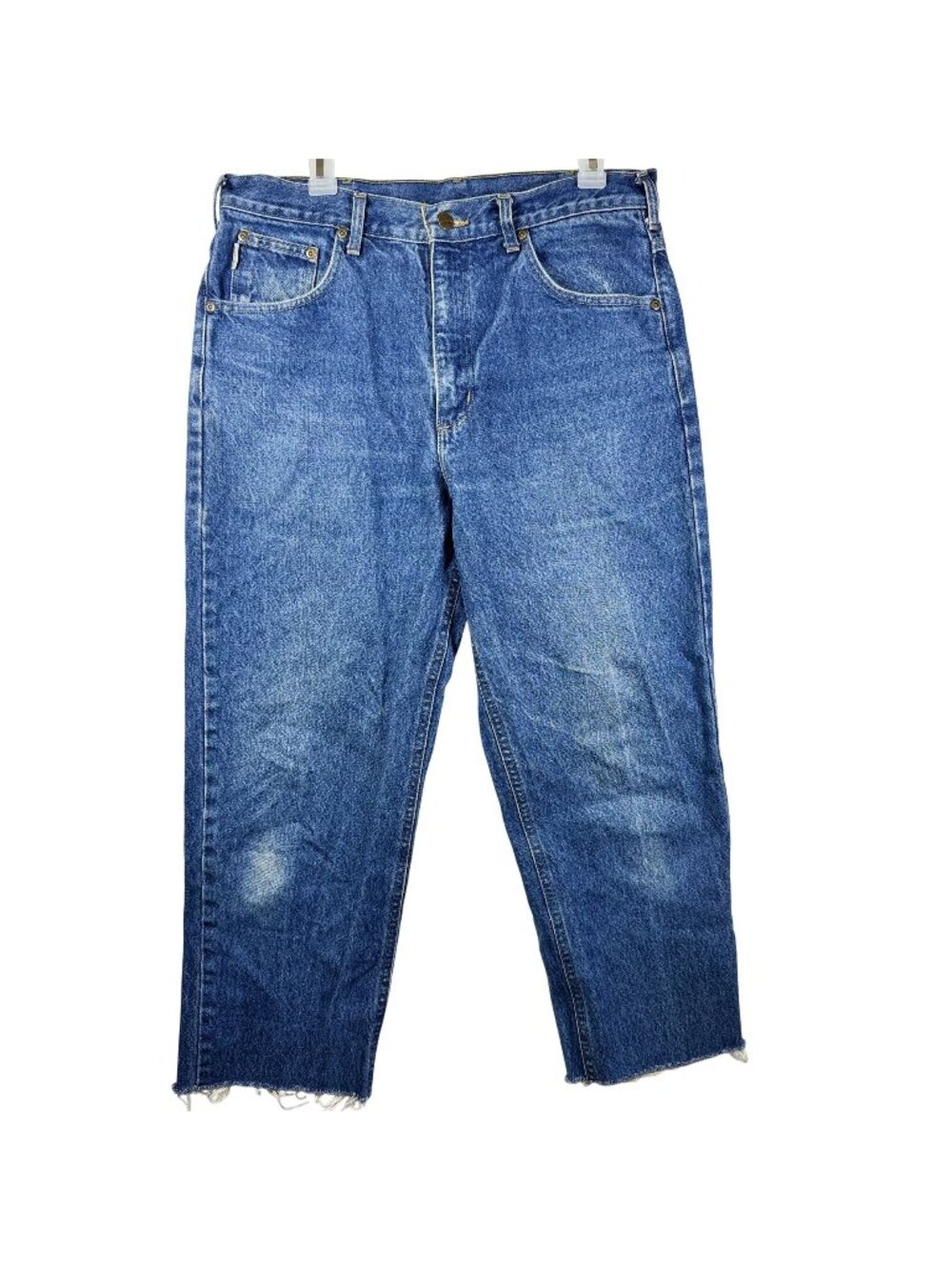 Carhartt Vintage Blue Distressed Straight-Leg Denim Jeans Raw Hem 34x28 Altered